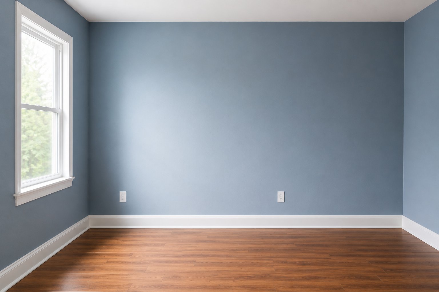After — freshly painted blue room with hardwood floor